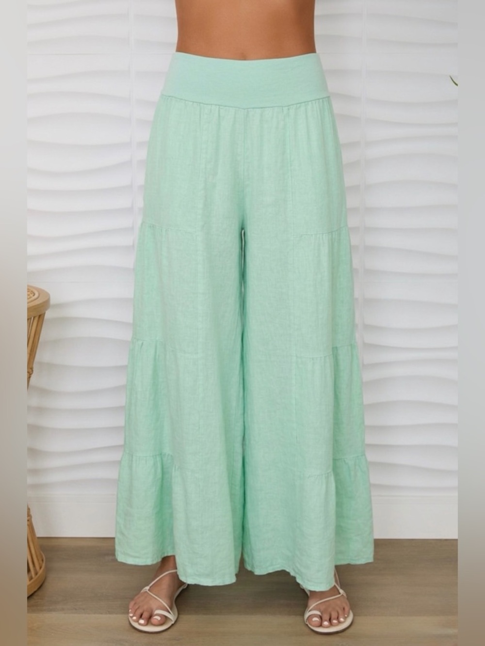 (2-36/255005-SOL-MINT) LINEN TIERED PALAZZO PANT
